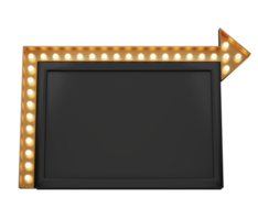 3D-Retro-Schwarz-Gold-Schild mit leuchtend gelber Glühbirne. konzept des billboard-designs für kino, casino, festzelt oder nachtclub. 3D-Rendering in hoher Qualität png