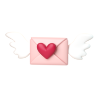 courrier volant 3d avec icône d'ailes. concept de courrier d'amour, nouveau message, notification ou enveloppe de la saint-valentin. Rendu 3d de haute qualité isolé sur fond blanc. png