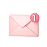 Correo 3d con icono de notificación. concepto de correo de amor, nuevo mensaje del día de san valentín, notificación o sobre. renderizado 3d de alta calidad aislado png