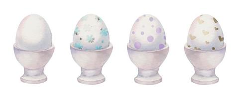 Watercolor hand drawn Easter celebration clipart. Set of painted eggs in porcelain cups. Pastel color. Isolated on white background. For invitations, gifts, greeting cards, print, textile vector