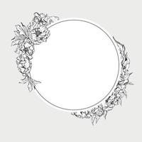 Hand drawn vector circle frame wreath arrangement with peony flowers, buds and leaves. Isolated on white background. Design for invitations, wedding or greeting cards, wallpaper, print, textile