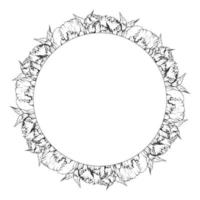 Hand drawn vector circle frame wreath arrangement with peony flowers, buds and leaves. Isolated on white background. Design for invitations, wedding or greeting cards, wallpaper, print, textile