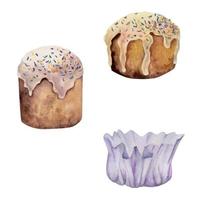 acuarela dibujada a mano celebración de pascua clipart. juego de pan kulich en papel de regalo con lazo. color pastel. aislado sobre fondo blanco. para invitaciones, regalos, tarjetas de felicitación, estampados, textiles vector