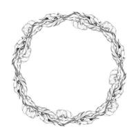 Hand drawn vector circle frame wreath arrangement with peony flowers, buds and leaves. Isolated on white background. Design for invitations, wedding or greeting cards, wallpaper, print, textile