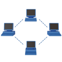 estilo antiguo azul antiguo de la computadora personal. uso compartido de computadoras y concepto de red o cadena de bloques para nft. ilustración 3d png