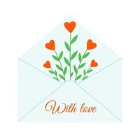 Envelope with flowers hearts. Text with love. Vector illustration. Design for Valentine's day and women's day.
