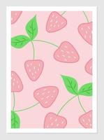 Poster with strawberries. Vector illustration of pink berries and twig with green leaves. Interior design. Summer strawberry background.