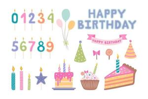 Birthday illustration set. Burning Birthday Candles. decorating birthday cake. happy birthday Card. Vector illustration