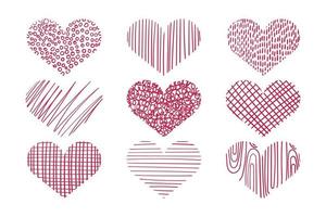 Set of hearts with decorative fill drawn by hand. Valentines Day Card. Vector illustration