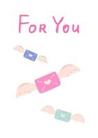 postal con sobres con alas e inscripción para ti. tarjeta del día de san valentín. ilustración vectorial vector