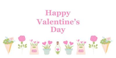 feliz día de san valentín banner horizontal con flores. tarjeta del día de san valentín. ilustración vectorial vector