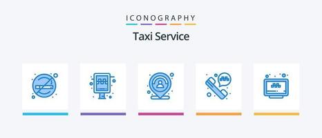 servicio de taxi azul 5 paquete de iconos que incluye búsqueda. telefono de taxi cliente. llamada de taxi persona. diseño de iconos creativos vector