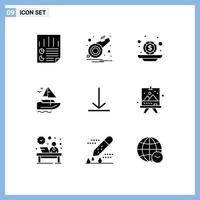 paquete de 9 signos y símbolos de glifos sólidos modernos para medios de impresión web, como descargar transporte silbato barco monedas elementos de diseño de vectores editables