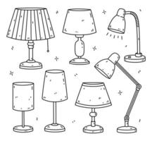 Set of table lamps isolated on white background. Interior items for bedroom, living room, office. Vector hand-drawn doodle illustration. Perfect for decorations, logo, various designs.