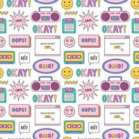 Bright seamless pattern with items from the nineties - retro cassette tape and music boombox, floppy disk, smile, speech bubbles and stars on white background. Nostalgia for the 1990s. Funny print. vector