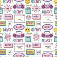 Bright seamless pattern with items from the nineties - retro cassette tape and music boombox, floppy disk, smile, speech bubbles and stars on white background. Nostalgia for the 1990s. Funny print. vector