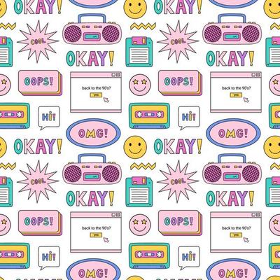 Bright seamless pattern with items from the nineties - retro cassette tape and music boombox, floppy disk, smile, speech bubbles and stars on white background. Nostalgia for the 1990s. Funny print.