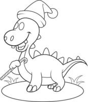 a cute dinosaur is holding a candy cane outline vector