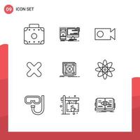 Modern Set of 9 Outlines Pictograph of message error cam cross cancel Editable Vector Design Elements