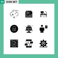 Universal Icon Symbols Group of 9 Modern Solid Glyphs of lock office paper lamp computer Editable Vector Design Elements