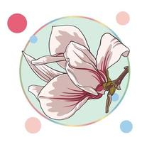 pink magnolia flower, isolated in a turquoise circle on a white background with colorful dots vector