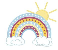 Children's illustration in pastel colors of rainbow, clouds and sun vector