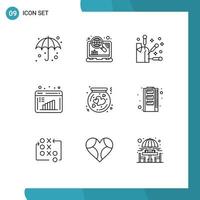 Group of 9 Outlines Signs and Symbols for heart bottle acupuncture data evaluation business research Editable Vector Design Elements