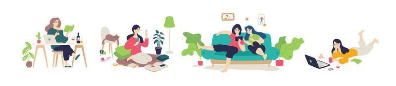 Illustration of girls having a rest at home. vector