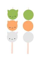 postre tradicional japonés dango en forma de gato aislado en blanco. postre hanami dango con 3 colores vector