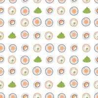 Seamless pattern of Traditional japanese sushi and rolls, wasabi isolated on white background. vector