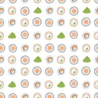 Seamless pattern of Traditional japanese sushi and rolls, wasabi isolated on white background. vector