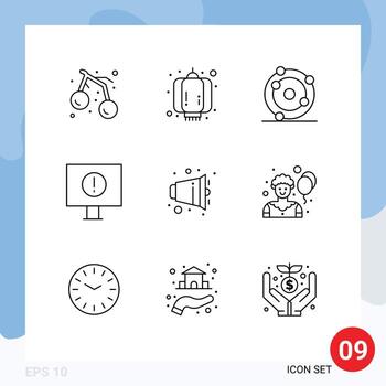 Group of 9 Outlines Signs and Symbols for volume audio atom warning computer Editable Vector Design Elements