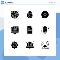 Set of 9 Vector Solid Glyphs on Grid for data file add office computer Editable Vector Design Elements