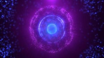 Abstract round blue and purple sphere glowing energy magic molecule with atoms from particles and dots cosmic. Abstract background. Video 4k, motion design