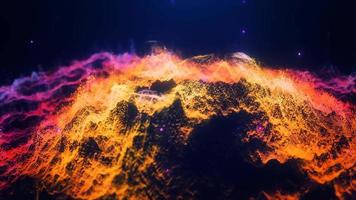 Abstract moving multicolored purple and yellow futuristic landscape of particles and dots of energetic magic with glow and blur effect, abstract background. Video 4k, motion design