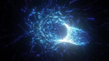 Abstract blue tunnel swirling from lines and particles of triangles glowing futuristic hi-tech with a blur effect on a dark background. Abstract background. Video in high quality 4k, motion design