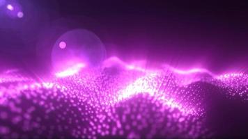 Abstract glowing purple magic energy wave from particles and dots bright shiny on a dark blue background. Abstract background. Video in high quality 4k, motion design