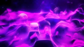 Abstract moving purple futuristic landscape of particles and dots of energetic magic with glow and blur effect, abstract background. Video 4k, motion design