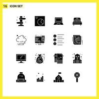 Mobile Interface Solid Glyph Set of 16 Pictograms of cloud heart computers love laptop Editable Vector Design Elements