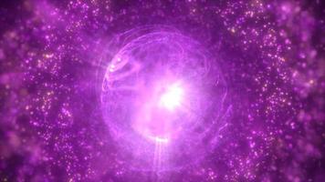 Abstract futuristic glowing with purple light round sphere cosmic star from magic high-tech energy on the background of the space galaxy. Abstract background. Video in high quality 4k, motion design