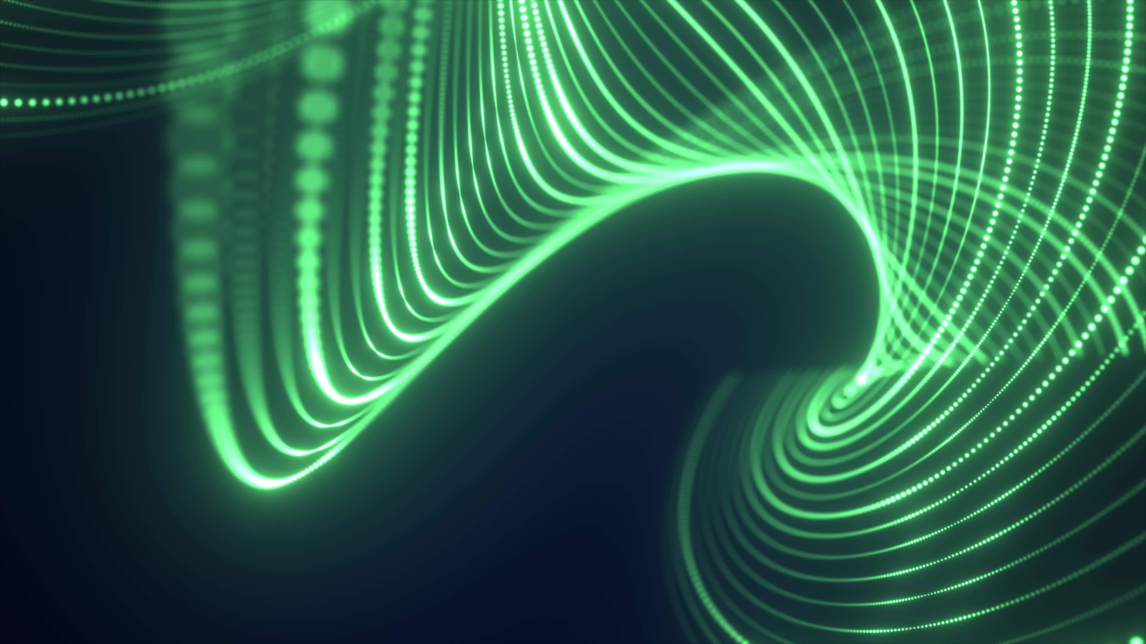 Abstract green waves from lines and dots particles of glowing swirling