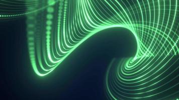 Abstract green waves from lines and dots particles of glowing swirling futuristic hi-tech with blur effect on dark background. Abstract background. Video in high quality 4k, motion design