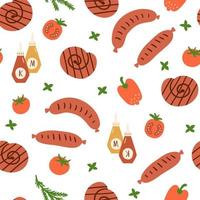 Sausages pattern, bbq grilled sausages seamless pattern Barbeque food background, sauce, ketchup, mustard, tomatoes, pepper, herb. Hand draw cartoon sausage. Cute snack vector illustration.