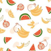 Summer fruits pattern. Pomegranate seamless pattern, banana pattern, watermelon pattern. Cute exotic fruit seamless seamless background. Hand drawn vector illustration. Colorful summer design.