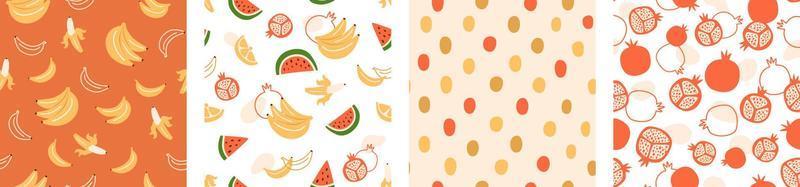 Fruits pattern set. Exotic summer fruits background. Pomegranate, banana, lemon, watermelon, polka dot shapes seamless pattern set. Tropic design for paper, cover, fabric print. Vector illustration.