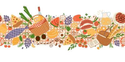 Picnic party seamless border. Summer picnic season food. Cute picnic food seamless background with baskets, roasted sausages, tomatoes, vegetables, fruits. Hand drawn summer food vector illustration.
