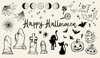 Vector set of Halloween clipart. Funny illustration for seasonal design, textile, kids playroom decoration or greeting card. Drawn by hand. Background Halloween.