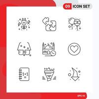 Mobile Interface Outline Set of 9 Pictograms of time sun balloon summer eyeglasses Editable Vector Design Elements