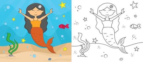 Cartoon mermaid coloring page no 08 kids activity page with line art vector illustration