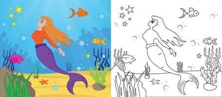 Cartoon mermaid coloring page no 01 kids activity page with line art vector illustration